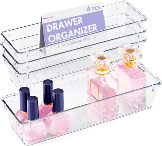 HOUSE DAY Desk Drawer Organizer Bins 4 PCS, 9*3*2" Clear Drawer Organizers with Silicone Pads, Vanity Organizers and Storage, Non Slip Plastic Drawer Organizer for Makeup, Bathroom, Kitchen, Office