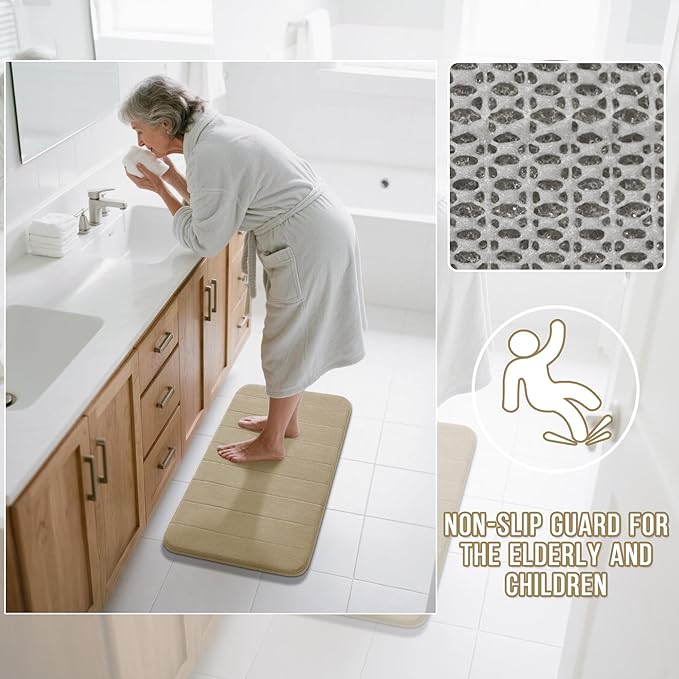 Yimobra Long Bath Mat 44"x24", Super Soft Quick Dry Memory Foam Bathroom Rug, Water Absorbent, Non Slip Backing Machine Washable for Tub Shower, Thick Comfort Support, Pale Khaki