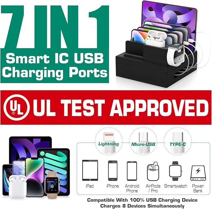 Bamboo Charging Station for Multiple Devices - Darfoo Family Charging Station with 7 USB Ports and 1 Stand for Watch-Earbud, 7 Short Charging Cables, Black