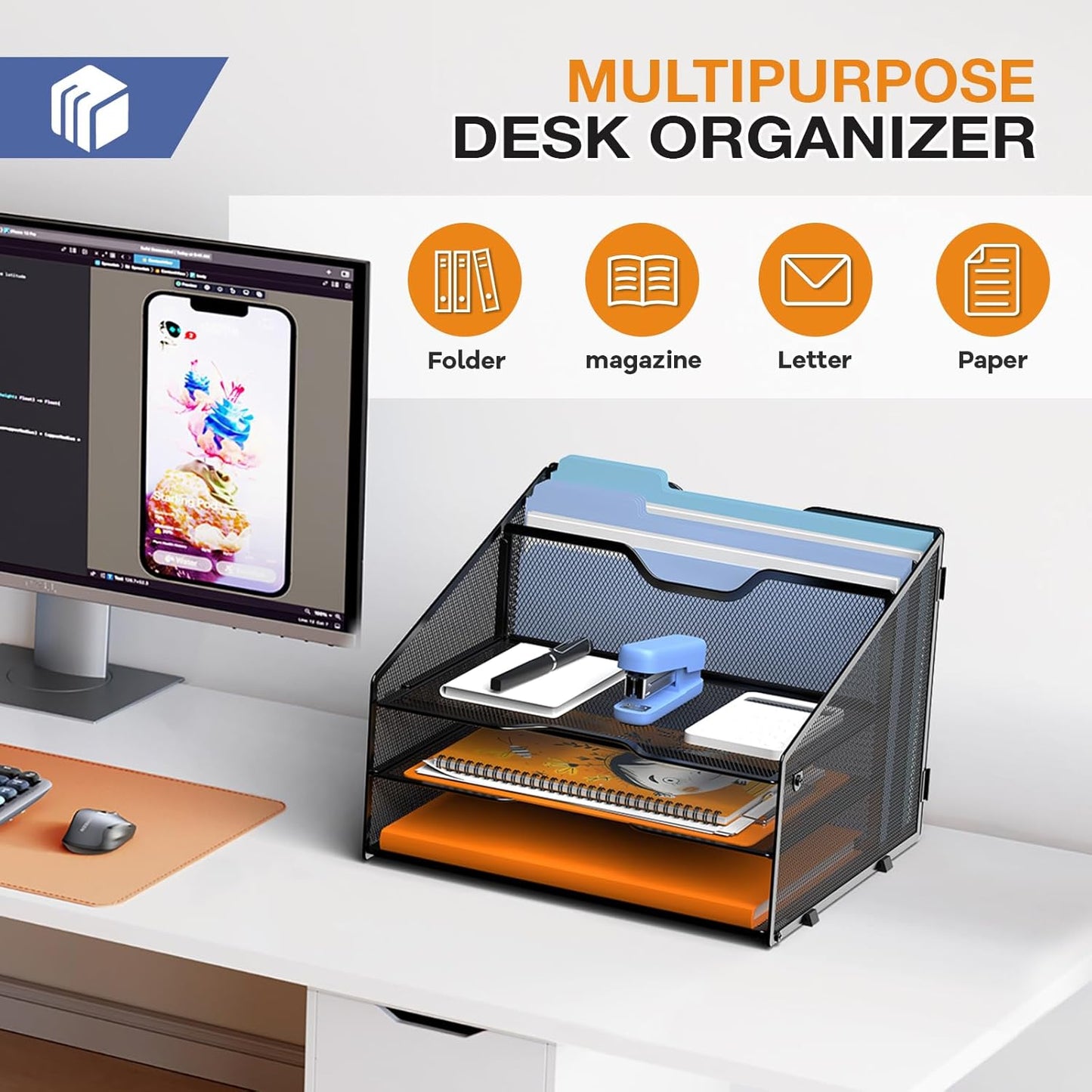 Letter Tray Organizer, Mesh Desk File Organizer with 3 Paper Trays and 2 Vertical Upright Section (Silver)