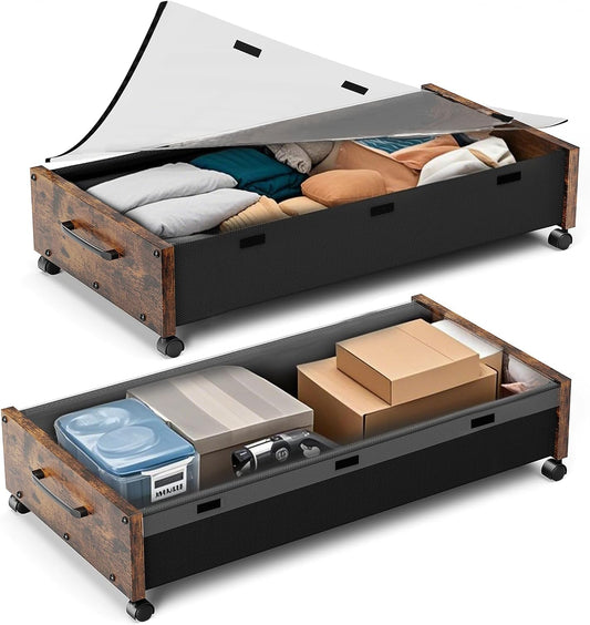 KITHELP Wooden Under Bed Storage with Wheels, 80L Extra-large Rolling Under the Bed Storage Bins 2 Pack with Removable Lid, Upgrade Metal Under Bed Drawers for Clothes Shoes Blankets in Bedroom