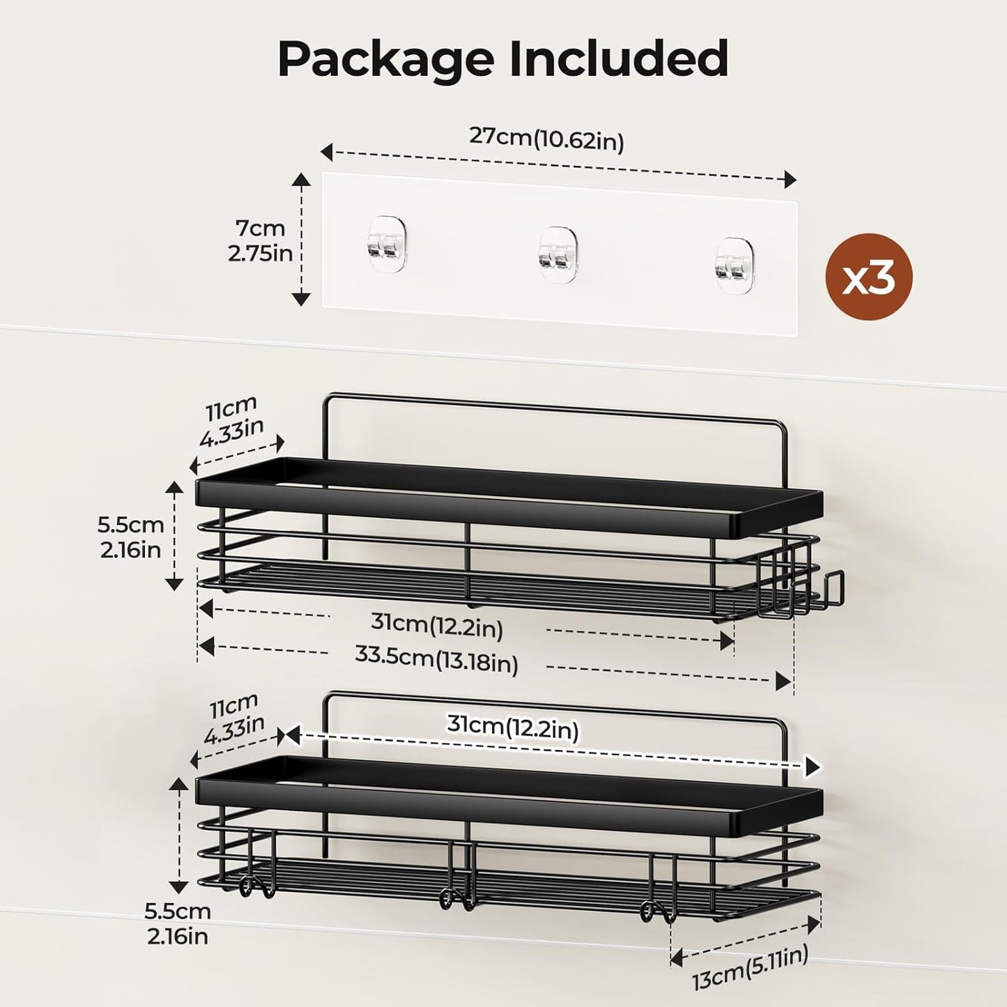 Orimade Shower Caddy with 5 Hooks for Hanging Razor and Sponge Adhesive Shower Shelf Basket Bathroom Storage Organizer Kitchen Rack No Drilling Stainless Steel Rustproof - 2 Pack,Black