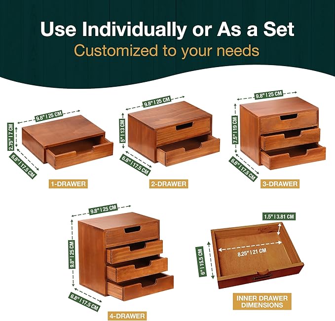 4-piece Drawer Cabinet Bundle Set - Modern Mahogany Wood Stackable Units - Multi-level Drawer Desktop Storage Organizers (4-Pack)