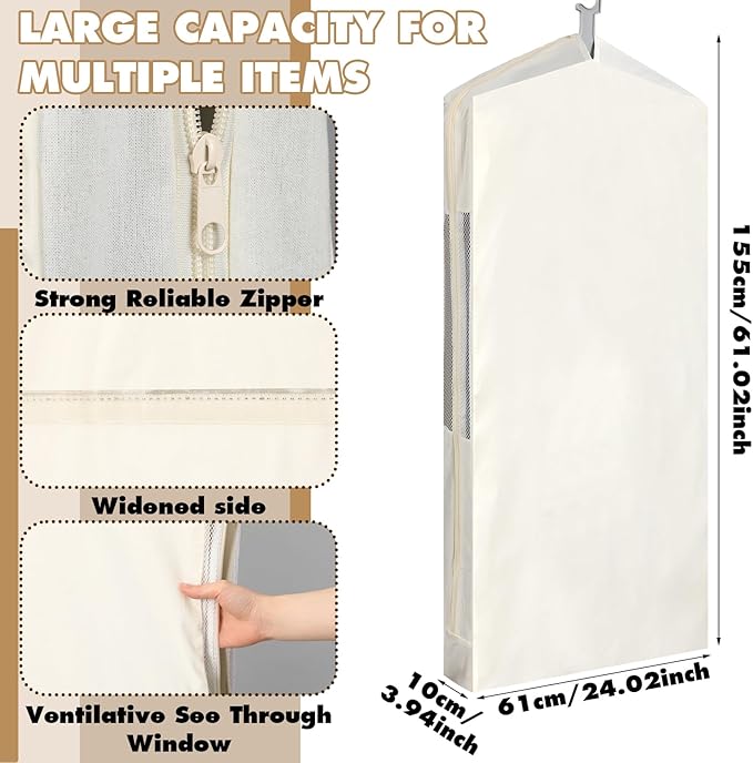 Aliceset 3 Pack Pure Cotton Garment Storage Bag for Hanging Clothes 24 x 61 Inch Breathable Garment Cover Canvas Suit Bags for Closet Storage Short Dresses Suits Gowns