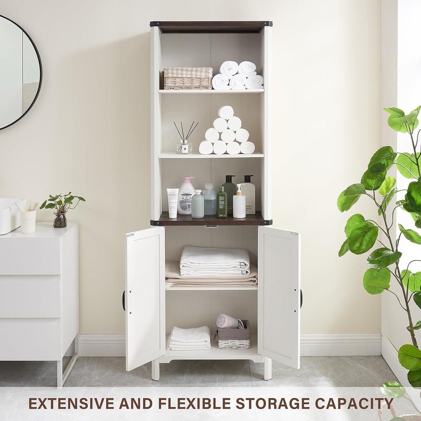 70.87 Tall Bathroom Storage Cabinet, Farmhouse Storage Cabinet with 2 Barn Doors and Adjustable Shelves, Bathroom Organizer for Living Room, Entryway, Kitchen (Antique White)