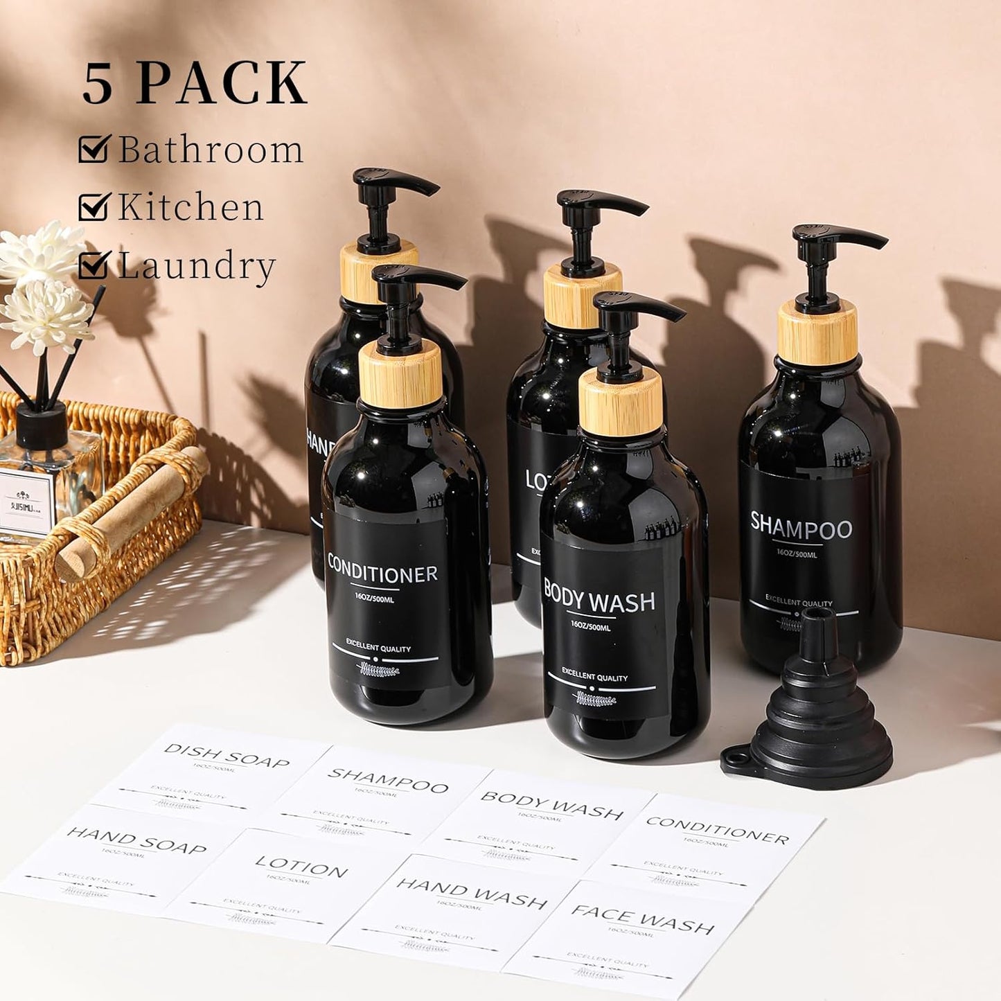 Shampoo and Conditioner Dispenser Bottles,5Pack Dispenser Bottles Refillable,16.9oz Shower Containers for Conditioner,(Black) Bathroom Shampoo Dispenser Set