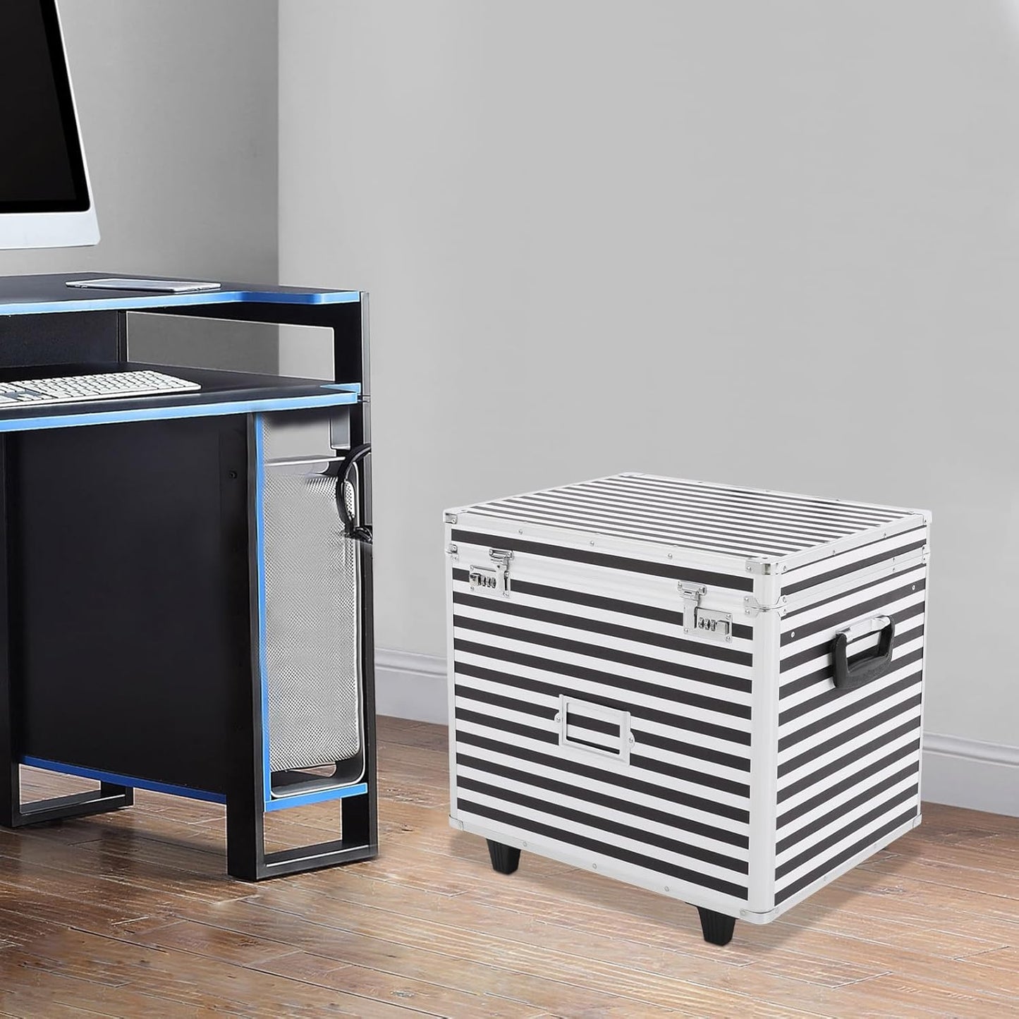 Rolling Cart for Teachers, Rolling File Cart with Hanging Folders, Portable File Box with Handle, Aluminum Alloy, Passcode Lock, Striped Pattern