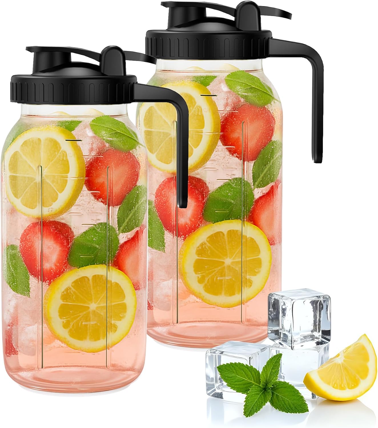 64oz Mason Jar Pitcher - Airtight & Leakproof Glass Pitchers with Handle and Lid, Perfect for Breastmilk, Cold Brew and Sun Tea for Outside,2 Quart Mason Jar with Pour Spout Lid,1/2 Gallon Water Jug
