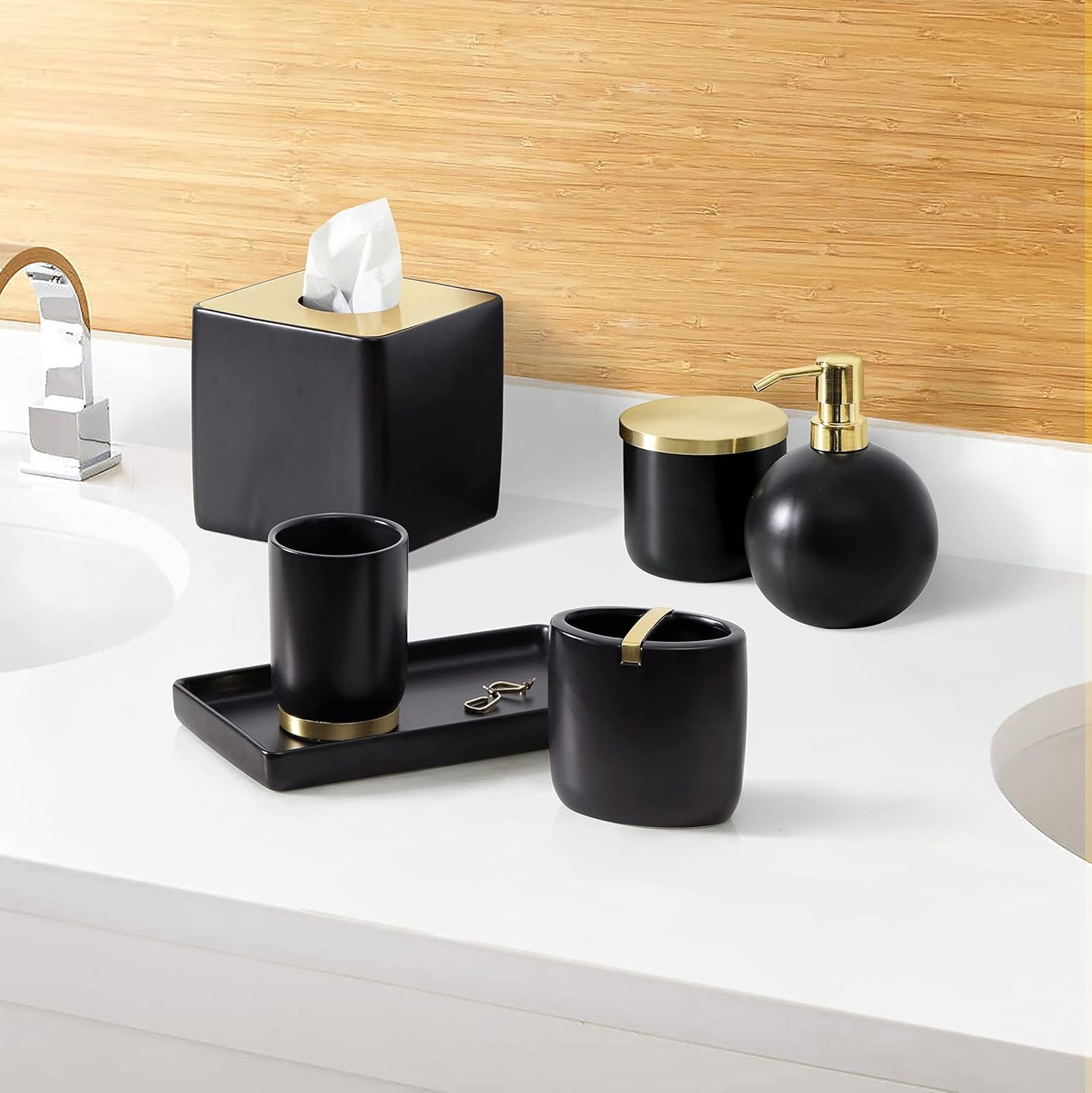 Bathroom Accessories Set, 5-Piece Ceramic Bath Accessory Complete Set with Lotion Dispenser/Soap Pump, Cotton Jar, Vanity Tray, Tumbler and Toothbrush Holder (Black and Gold)