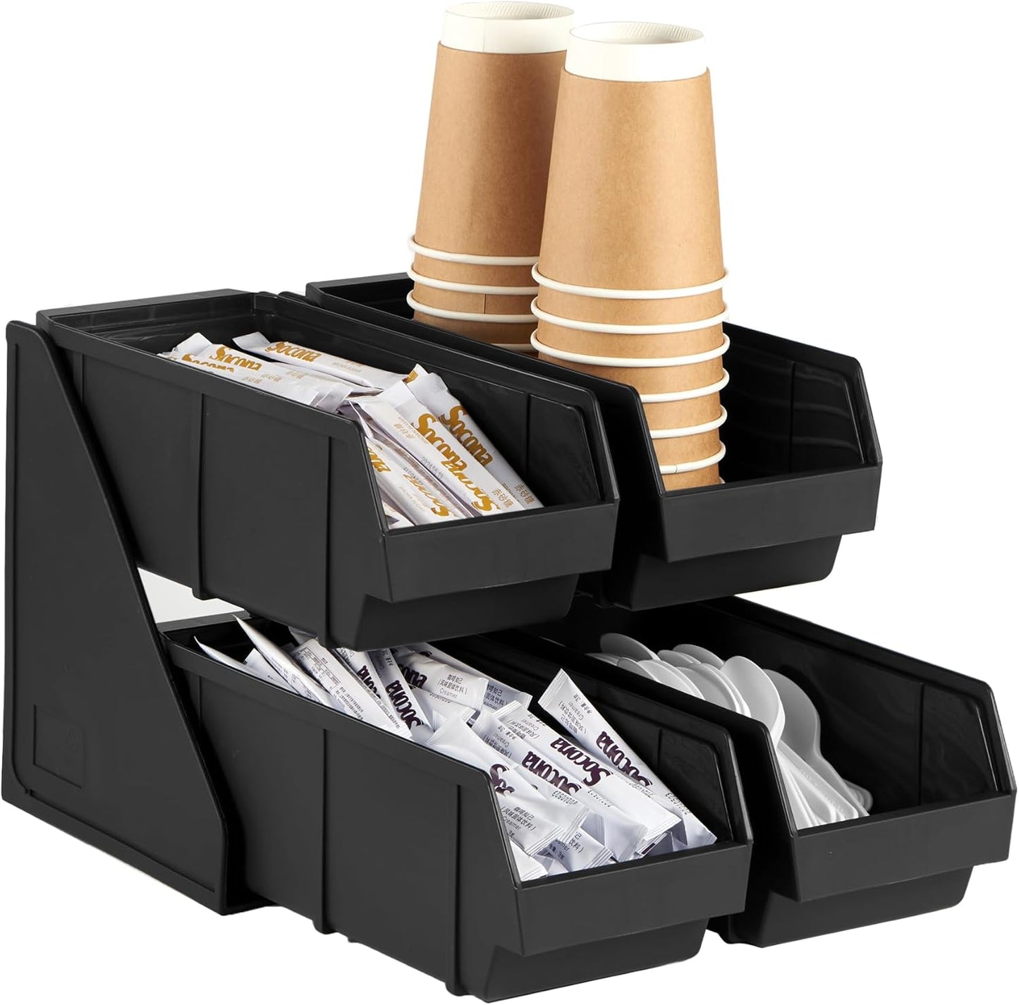 CURTA Black Self Serve Condiment Bin Stand Set, Removable Condiment Organizer with 2-Tier Stand and 4 Condiment Bins, 16" D x11.25 W x 9.5" H, Coffee Bar Beverage Station