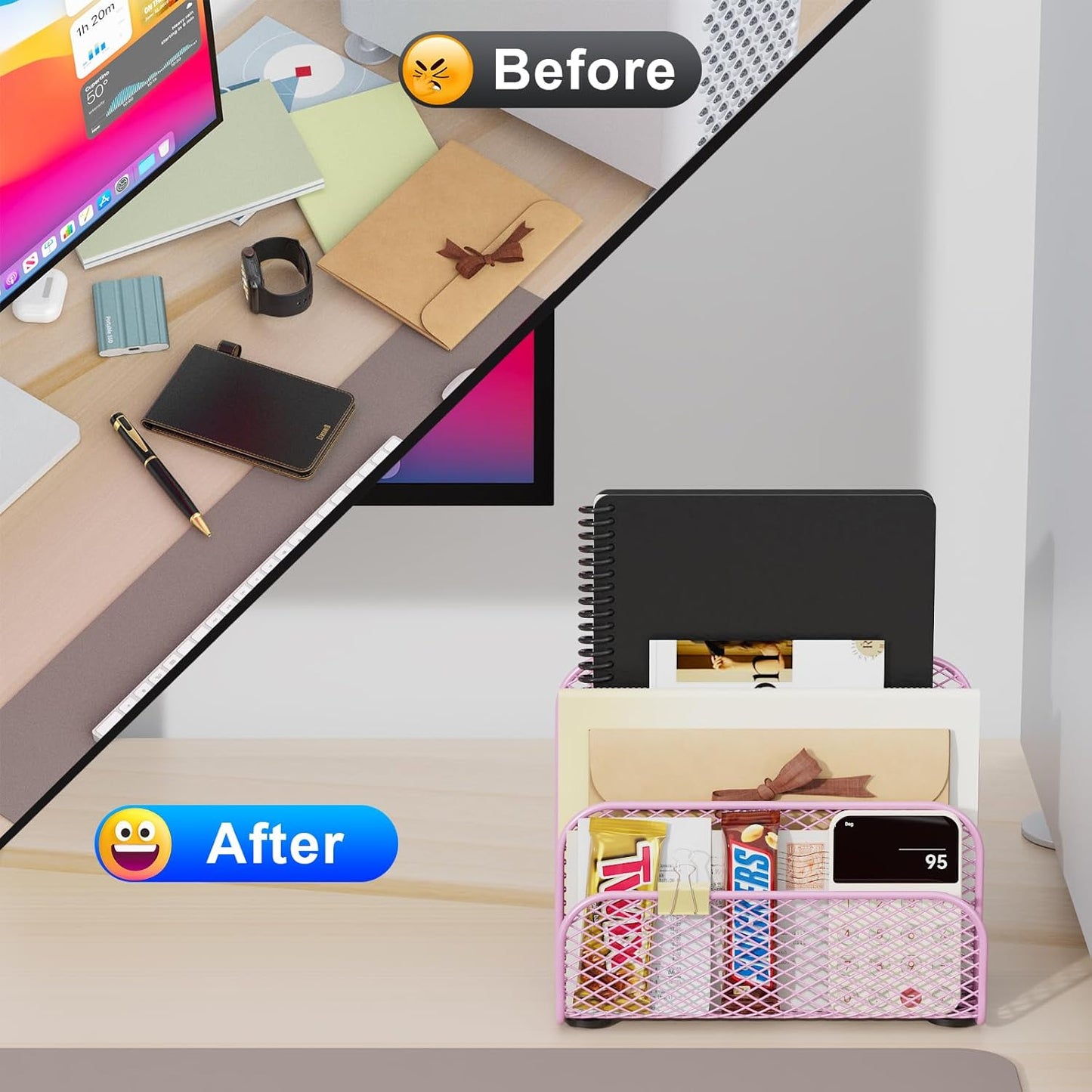 gianotter Mail Organizer Countertop, Metal File Holder with 3-Slot, Pink Desk Accessories for Women Office (Pink)