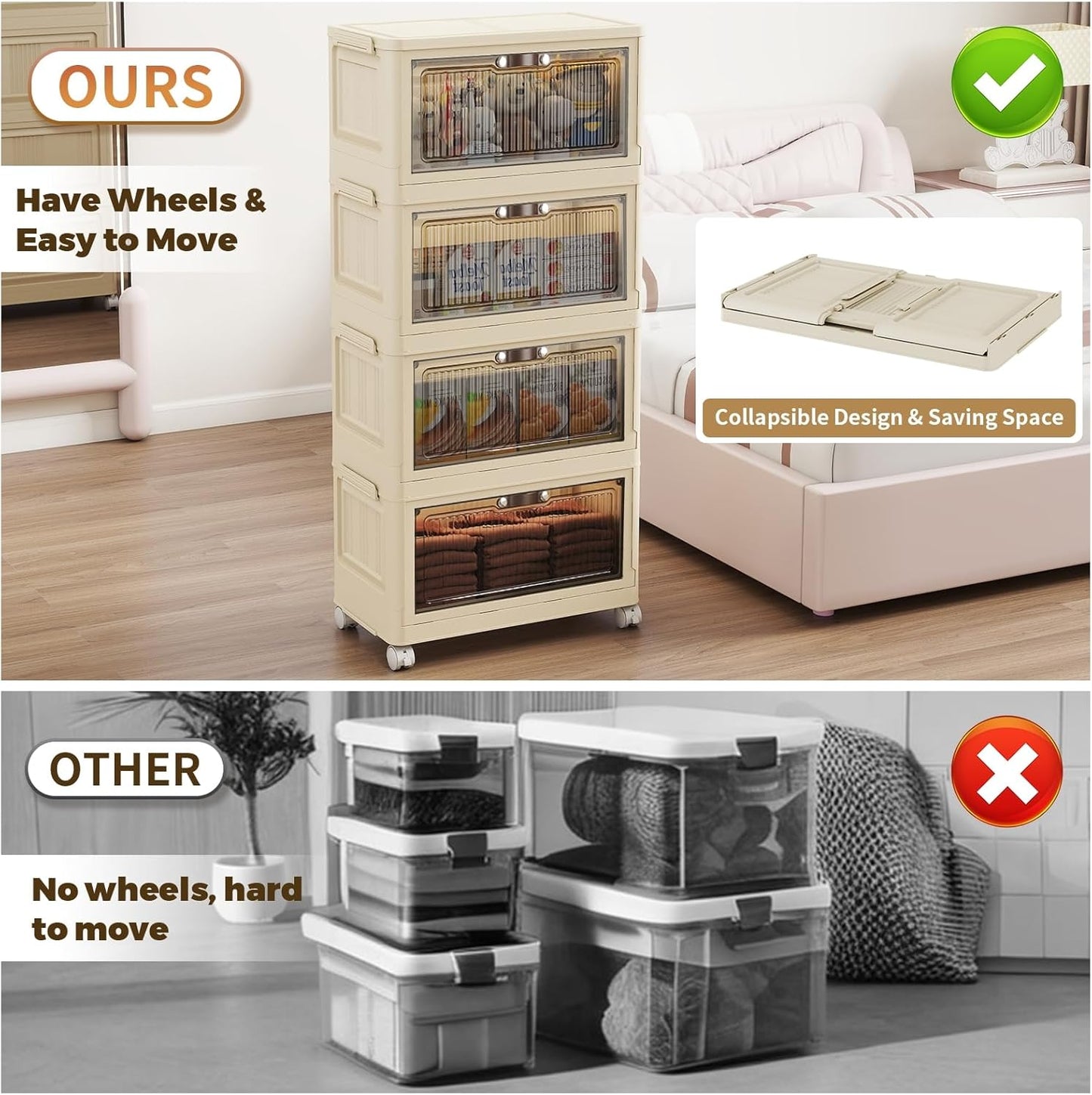 4 Tier - 48QT Storage Bins with Lids, Collapsible Storage Bins with Doors and Wheels, Plastic Storage Cabinet for Easy Storage and Organization for Living Room, Office