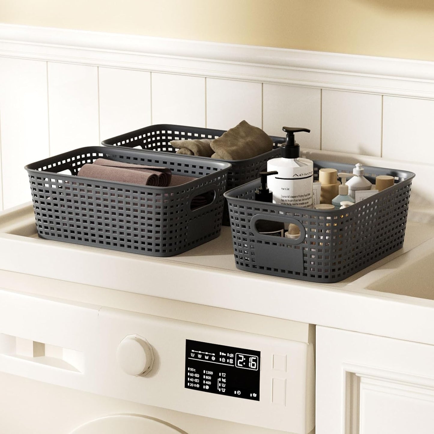 Plastic Storage Bins with Bamboo Lid - Plastic Storage Baskets with Lid - Stackable Container with Lable for Organizing: Small Storage Box for Shelves Office Cabinet Drawer ,10x7.2x4 In - Grey 6 Pcs