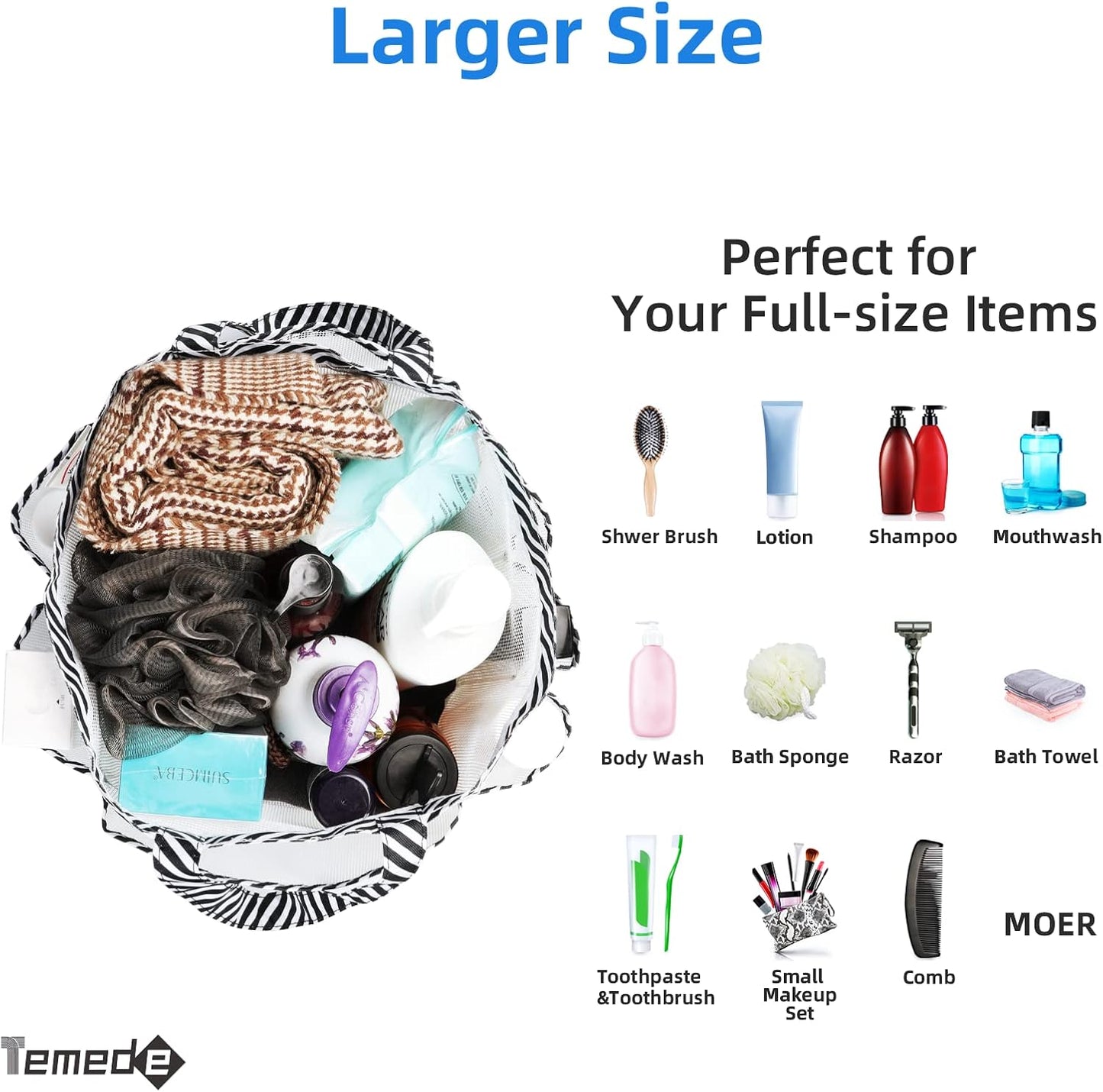 Temede Mesh Shower Caddy Portable for College Dorm Room Essentials, Large Capacity Shower Caddy Basket with 8 Pockets, Quick Dry Shower Tote Bag for Beach, Gym, Bathroom, Camp, Travel-White