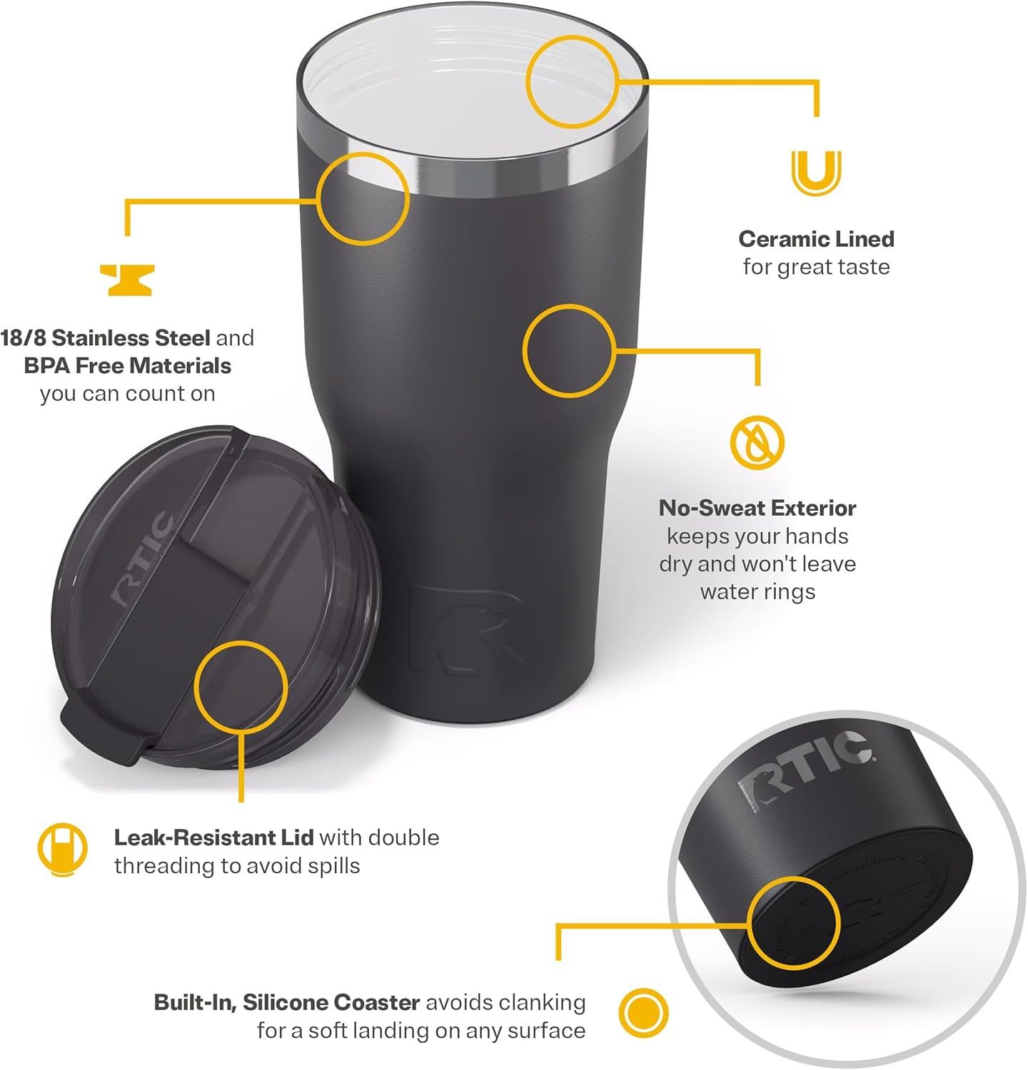 RTIC 30oz Essential Tumbler with Lid, Ceramic Lined, Insulated, Stainless Steel, Metal, Double Wall Vacuum-Insulation, Travel Cup for Iced Coffee, Tea, Hot and Cold Drink, Graphite