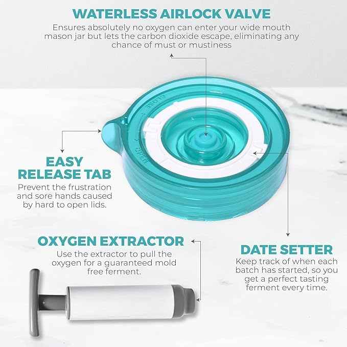 Fermentation Starter Set, Includes 3 Airlock Fermentation Lids and 3 Glass Weights, Sauerkraut Fermenting Kit for Wide Mouth Mason Jar, Pickles, Vegetables, & Kimchi Making Kit