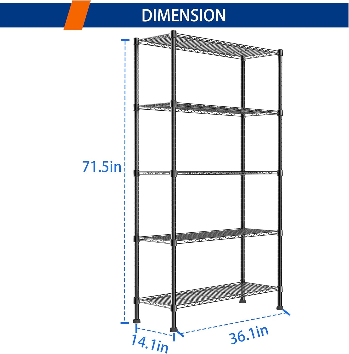 REGILLER 5-Wire Shelving Metal Storage Rack Adjustable Shelves,Standing Storage Shelf Units for Laundry Bathroom Kitchen Pantry Closet(Black,14.1" D x 36.1" W x 71.5" H)