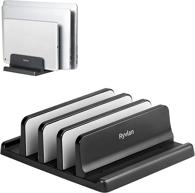 Ryvlan Vertical Laptop Stand, 3 Slot Adjustable Laptop Storage Rack and Desk Organizer, Silicone-Padded Holder for Multiple Devices Storage, Compatible Stand for Tablets and Devices up to 17 Inches