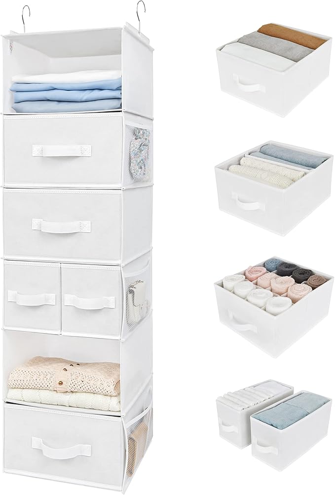 GRANNY SAYS Hanging Closet Organizer and Storage, 6 Shelf Clothes Organization with Drawers, 6 Side Pockets Closet Hanging Shelves for Bras, Socks, Underwear, Nursery Room, Wardrobe, White, 1-Pack