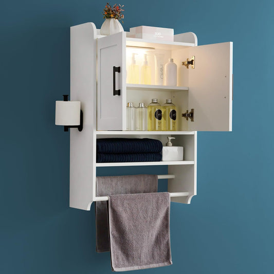 Bathroom Wall Cabinet with Door, Over The Toilet Wood Hanging Medicine Cabinets with DIY Lighting for Laundry Room Kitchen Storage