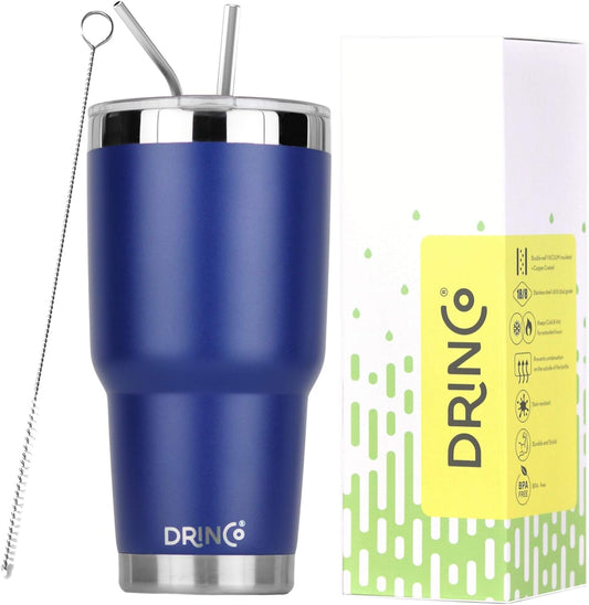 Drinco - 30 oz Stainless Steel Tumbler | Double Walled Vacuum Insulated Mug With Lid, 2 Straws, For Hot & Cold Drinks (30oz Royal Blue, 30oz)