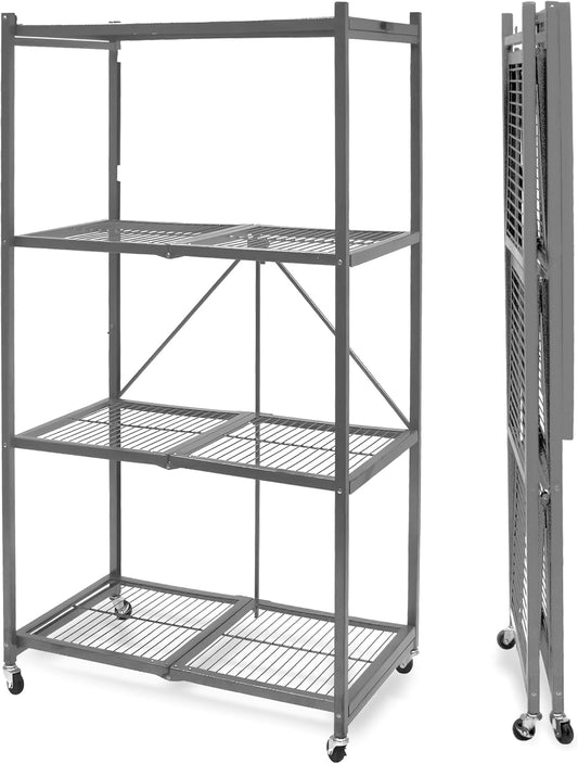 Origami R5 4-Shelf Heavy-Duty Folding Storage Rack, Pewter - Large Foldable Metal Shelving Unit with Wheels for Garage, Pantry, Basement, Laundry Room or Warehouse