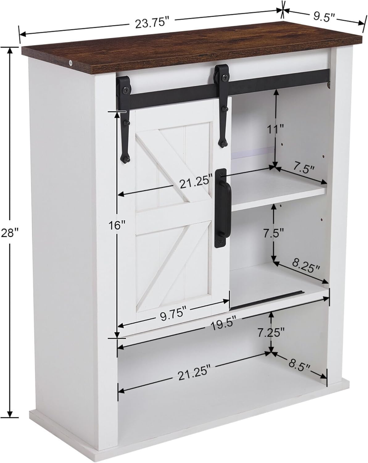28" Wall Cabinet, Wooden Medicine Cabinet Adjustable Shelves, Over Toilet Storage Cabinet with Sliding Barn Door for Bathroom/Kitchen/Laundry, Brown with White