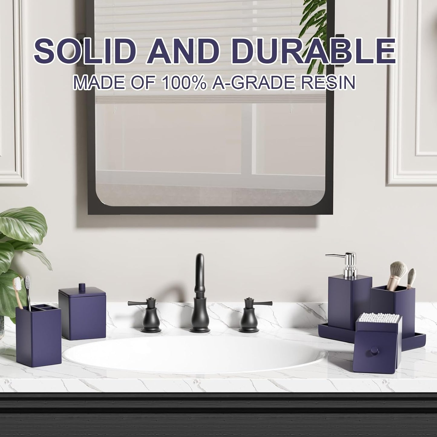 Navy Blue Bathroom Accessories Set Resin 6PCS, Square Toothbrush Holders Set Complete with Soap Dispenser, Vanity Tray, Tumbler, Cups and Cotton Swab Jars for Counter, Sink or Small Spaces