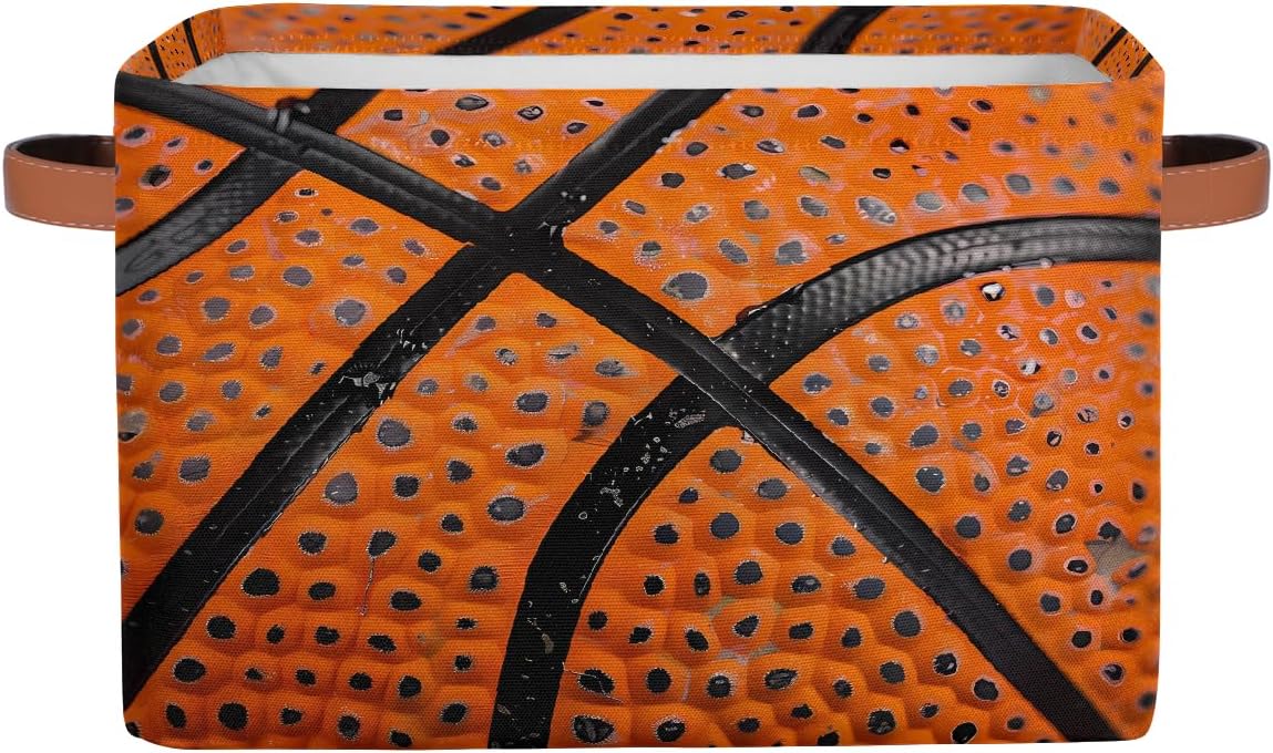 Basketball Storage Basket for Shelves, Storage Bins with Handles, Collapsible Basket for Organizing, Closet Toy Baskets for Nursery Room, 15x11x9.5 in, Canvas, Sports Bsketball Lace