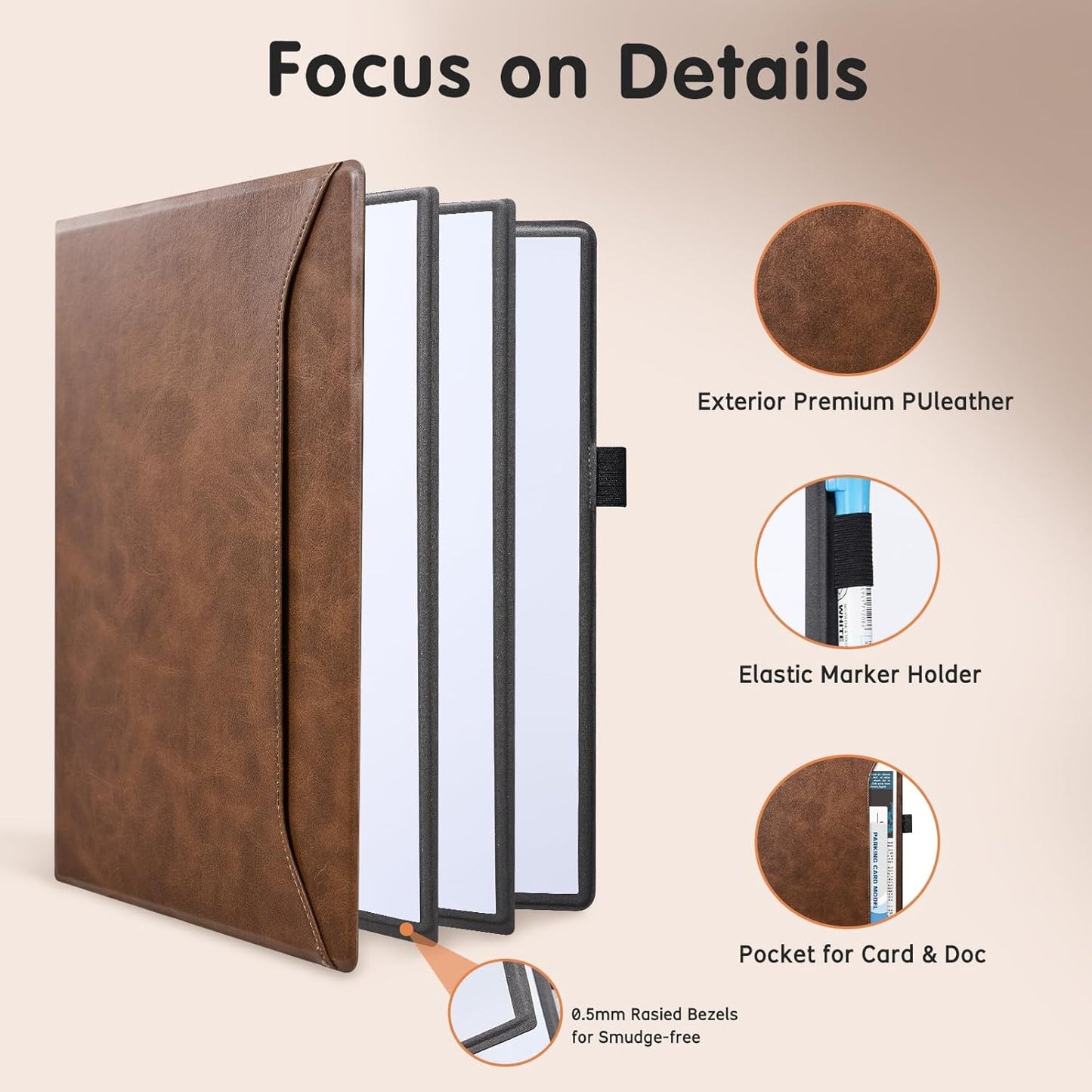 CoBak 6 Sides Portable White Board 12 x 9 inch (A4) - Notebook Design Dry Erase Small Board with Pocket and 3 Markers, Anti-Ghosting & Anti-Smudge Surface for Office, School, Homeschool (Brown)