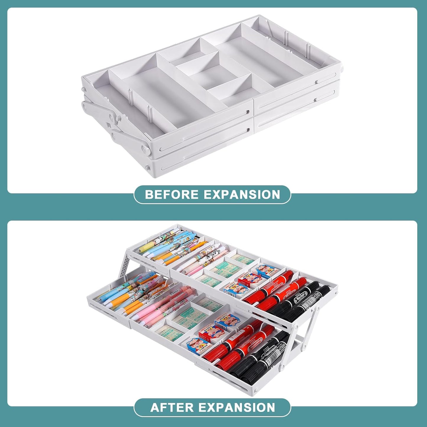 Aobiono Multi Level Smart Drawer Organizer, Multi Tier Expandable Storage Collapsible Foldable Trays for Jewelry, Cosmetics, Makeup, Tools, Battery (White, Single Row - 2 Levels)