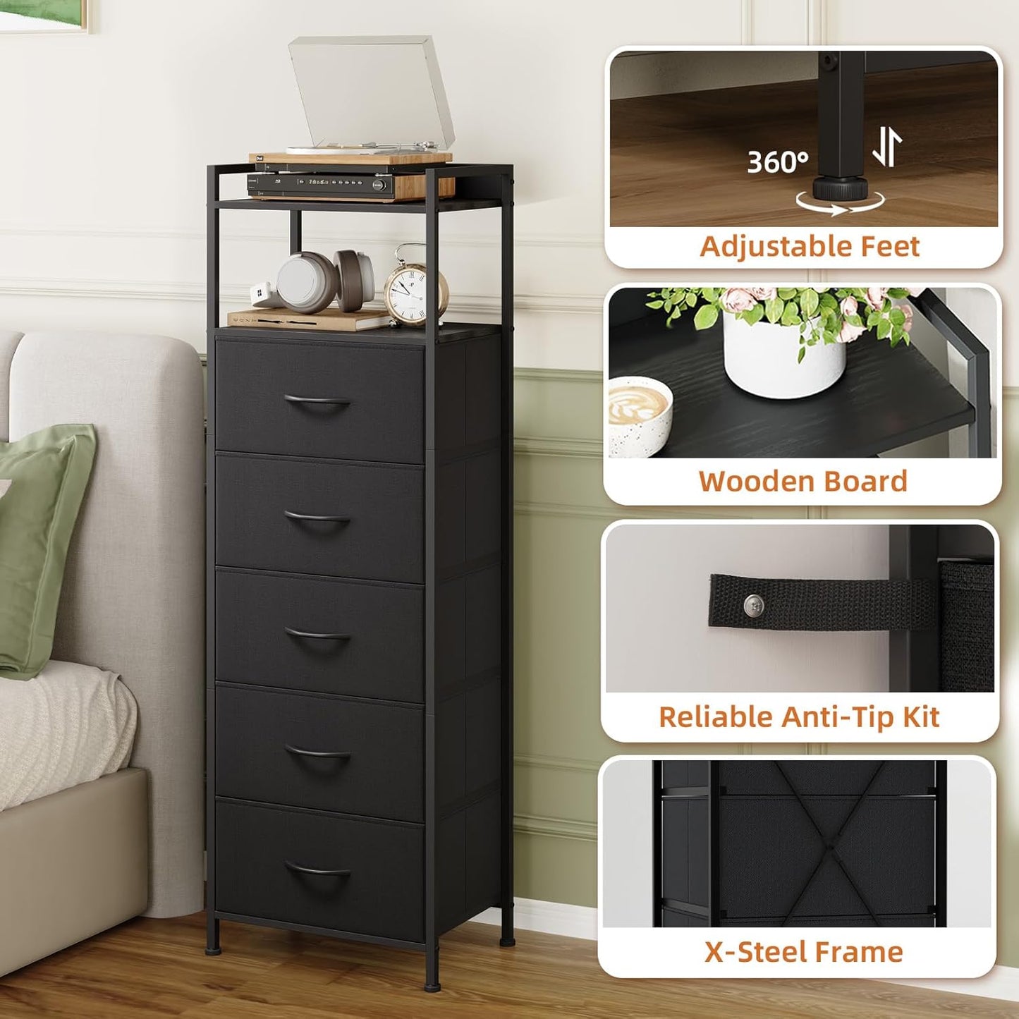 Somdot Tall Night Stand for Bedroom,Tall 5 Drawers Dresser, Vertical Storage Tower Unit, Nightstand Furniture with Fabric Drawer Organizer in Bedside Kids Dorm Room Closet Laundry Entryway,Black