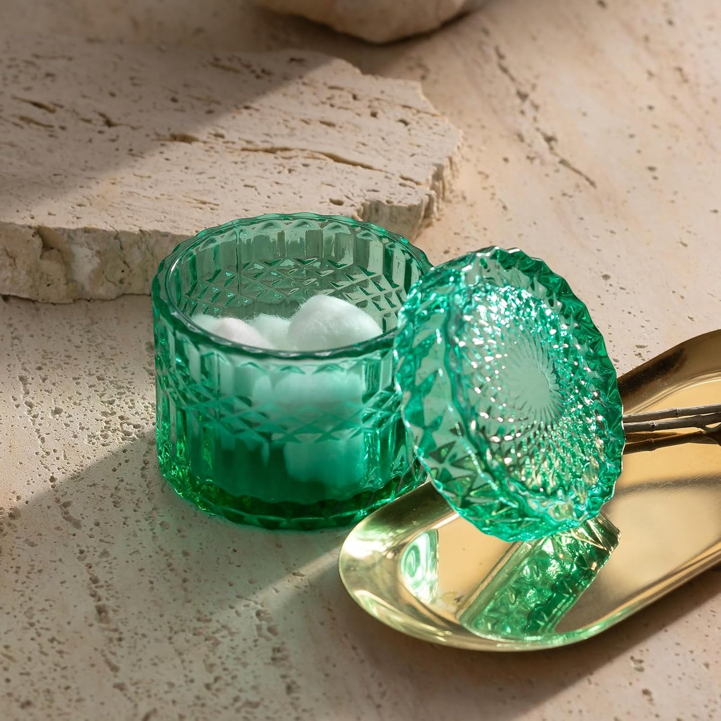 EMPO 6PCS Bathroom Clear Glass Accessories Set (Lotion Soap Dispenser, Soap Dish, Toothbrush Holder, Tumbler, Cotton Swab Jar), Contemporary Modern Decor Crystal Vintage Gift (6pcs Vintage Jade)