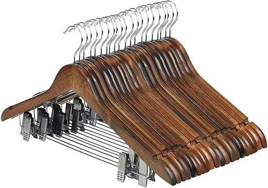20 Pack Wooden Hangers with Clips High-Grade Wooden Suit Hangers Skirt Hangers with Clips S Wood Hanger with Durable Metal Clips for Blouse, Dress, Coat, Jacket (Vintage, 20)