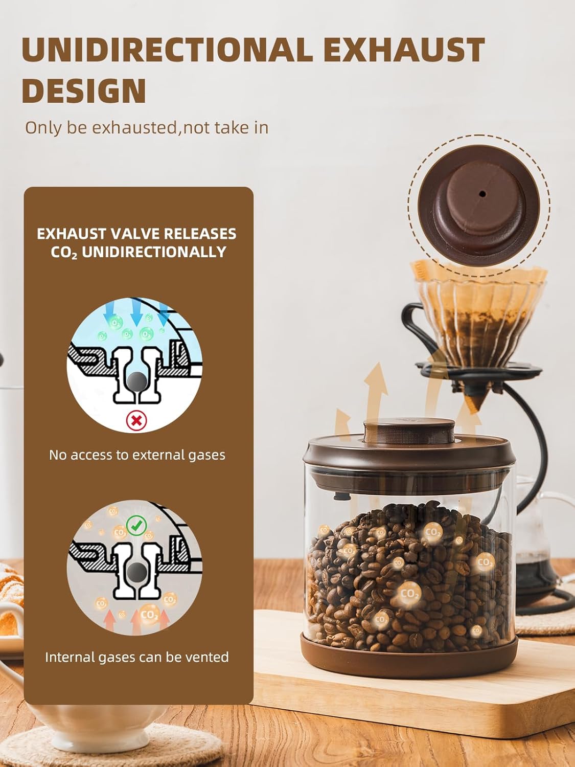 Airtight Coffee Canister, 13 oz Borosilicate Glass Coffee Bean Storage Container with Pop Lid, CO2 Releasing Valve for Grounds Coffee, Beans, Sugar, 0.81lb