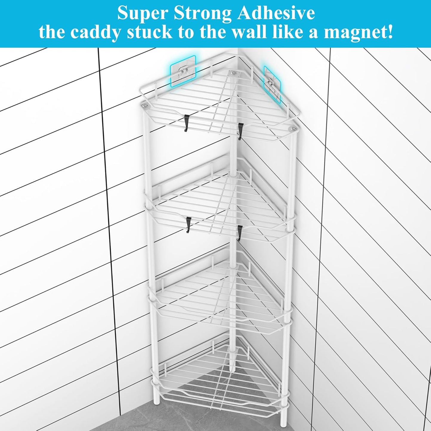 4 Tier Floor Standing Corner Shower Caddy Organizer Shelf with Hooks, Bathroom Shelves Stand Rack, White