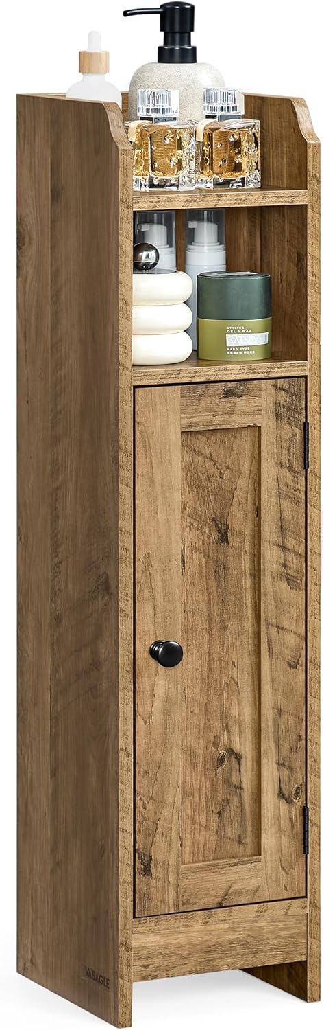 VASAGLE Small Storage Corner Floor Cabinet with Door, 7.9 x 7.1 x 31.5 Inches, Narrow Toilet Paper Storage Holder, Adjustable Shelves, for Bathroom, Living Room, Small Spaces, Honey Brown UBBK310K01