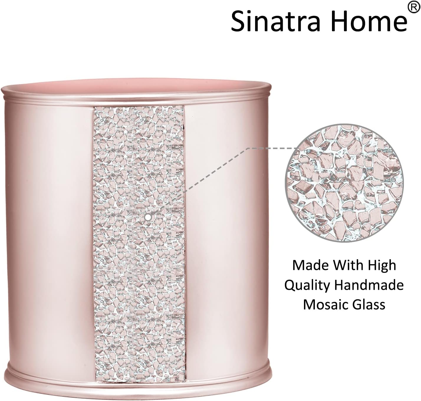 Zahari Home 2pc Sinatra Modern Bath Accessories Set Waste Basket & Tissue Box Modern Decorative Beautiful Designs Bathroom Decor Set for Home Blush Bathroom Set Mosaic Glass