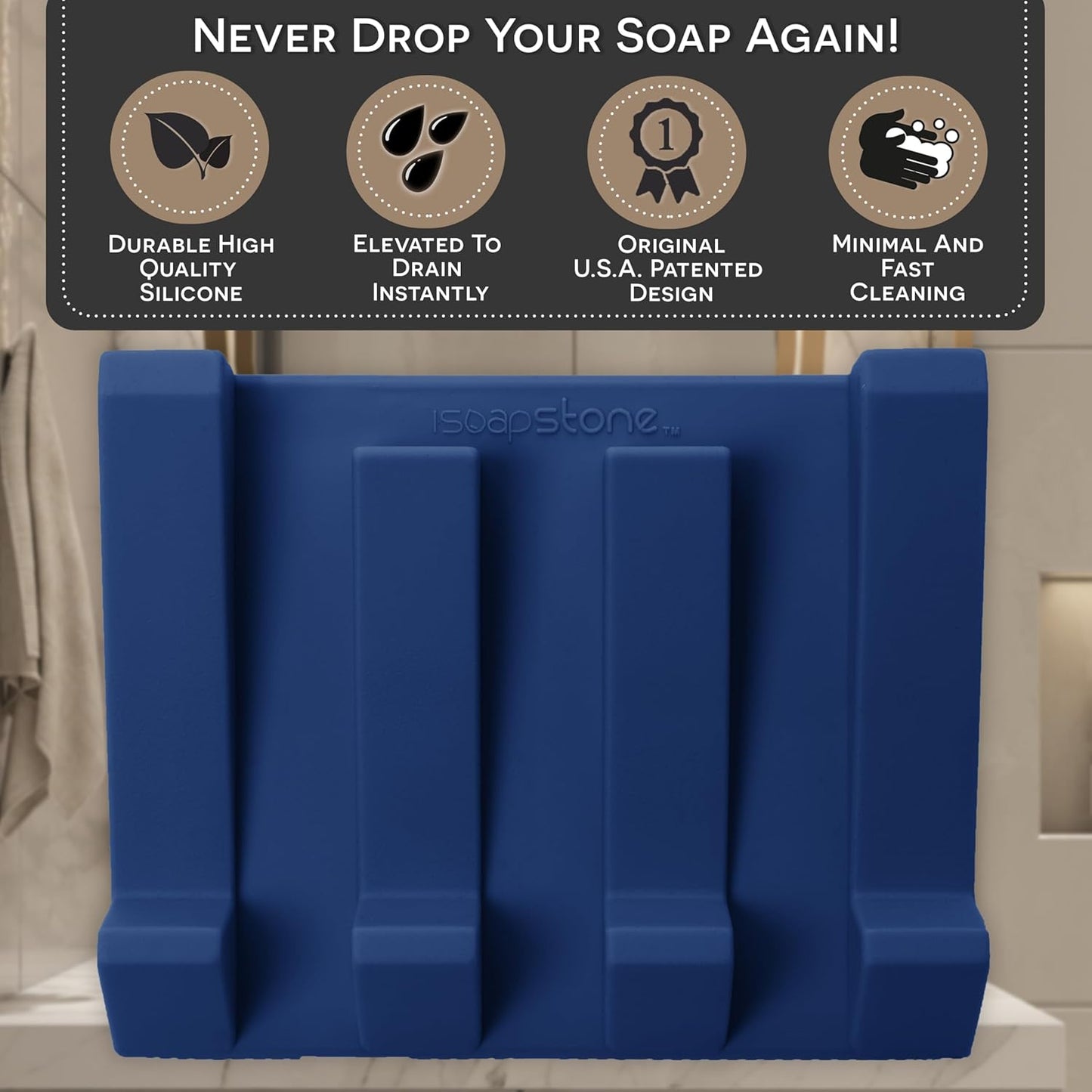 Silicone Soap Dish (USA Patented) Self Draining Bar Soap Holder for Shower Bathroom Sink, Drying Soap Dish Tray Kitchen Sponge Holder Easy Cleaning Soap Saver Mat (Midnight Navy, 1)