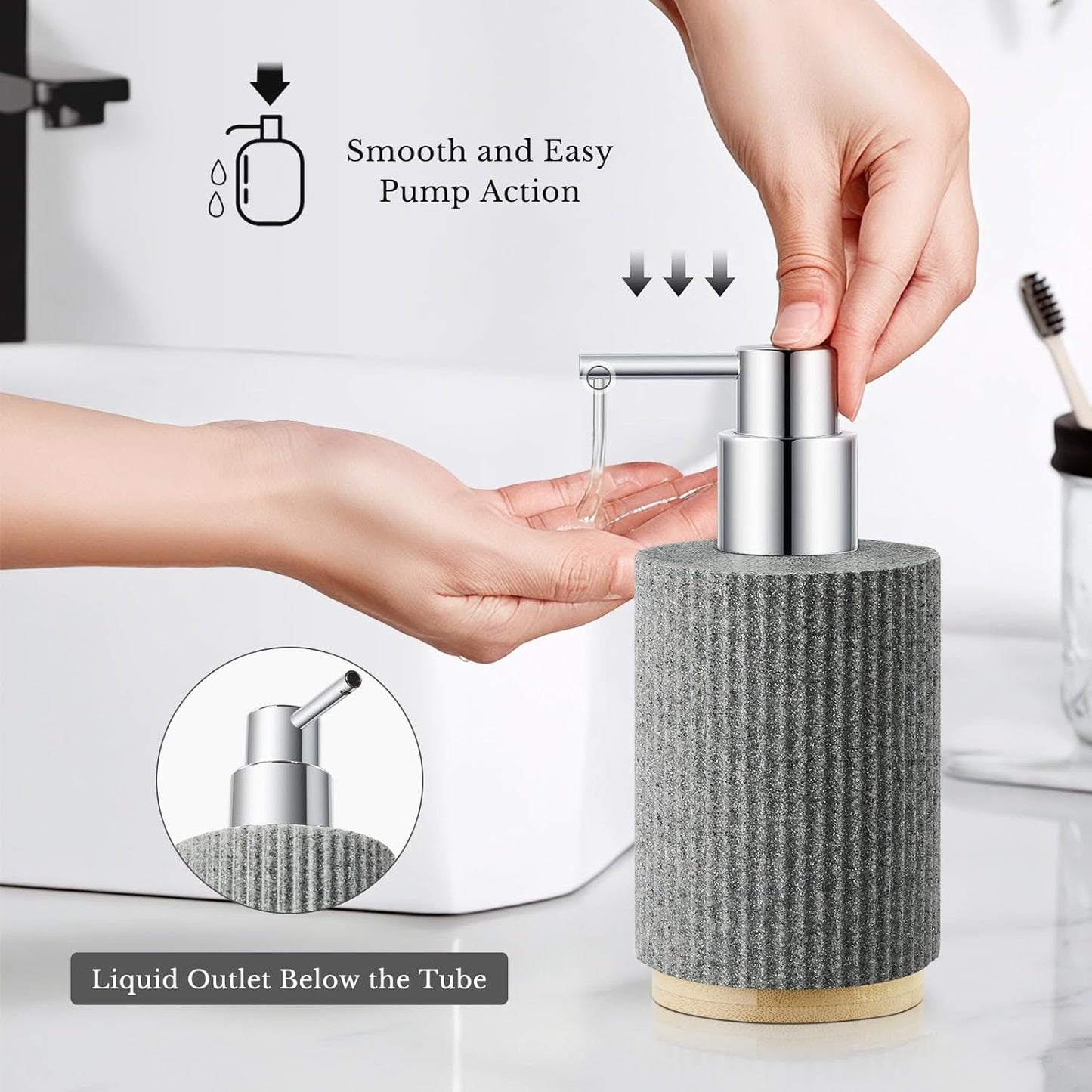 Bathroom Accessories Set, 7PCS Resin Bathroom Set with Bamboo Base, with Soap Dispenser, Q-tip Holder, Toothbrush Holder, Tumbler, Soap Dish, Vanity Tray, Complete Bathroom Set for Modern Decor,Grey