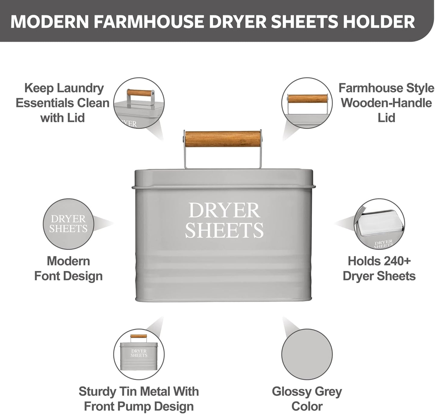 Calindiana Modern Farmhouse Metal Laundry Dryer Sheets Holder Fabric Softener Dispenser with Lid for Laundry Room Decor and Accessories and Space Saving Laundry Room Organization and Storage, Grey