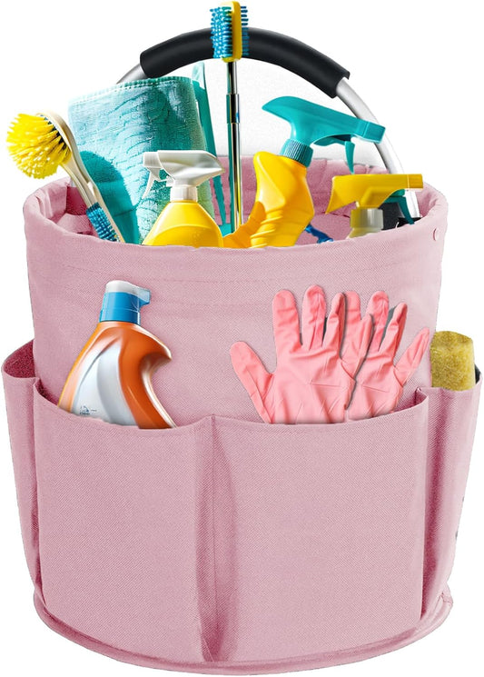 Cleaning Caddy with Handle, Cleaning Products Organiser, 17L Foldable Storage Basket, Cleaning Caddy Organiser, Portable Multi Cleaning Bucket Bag for Home, Garden (Pink)