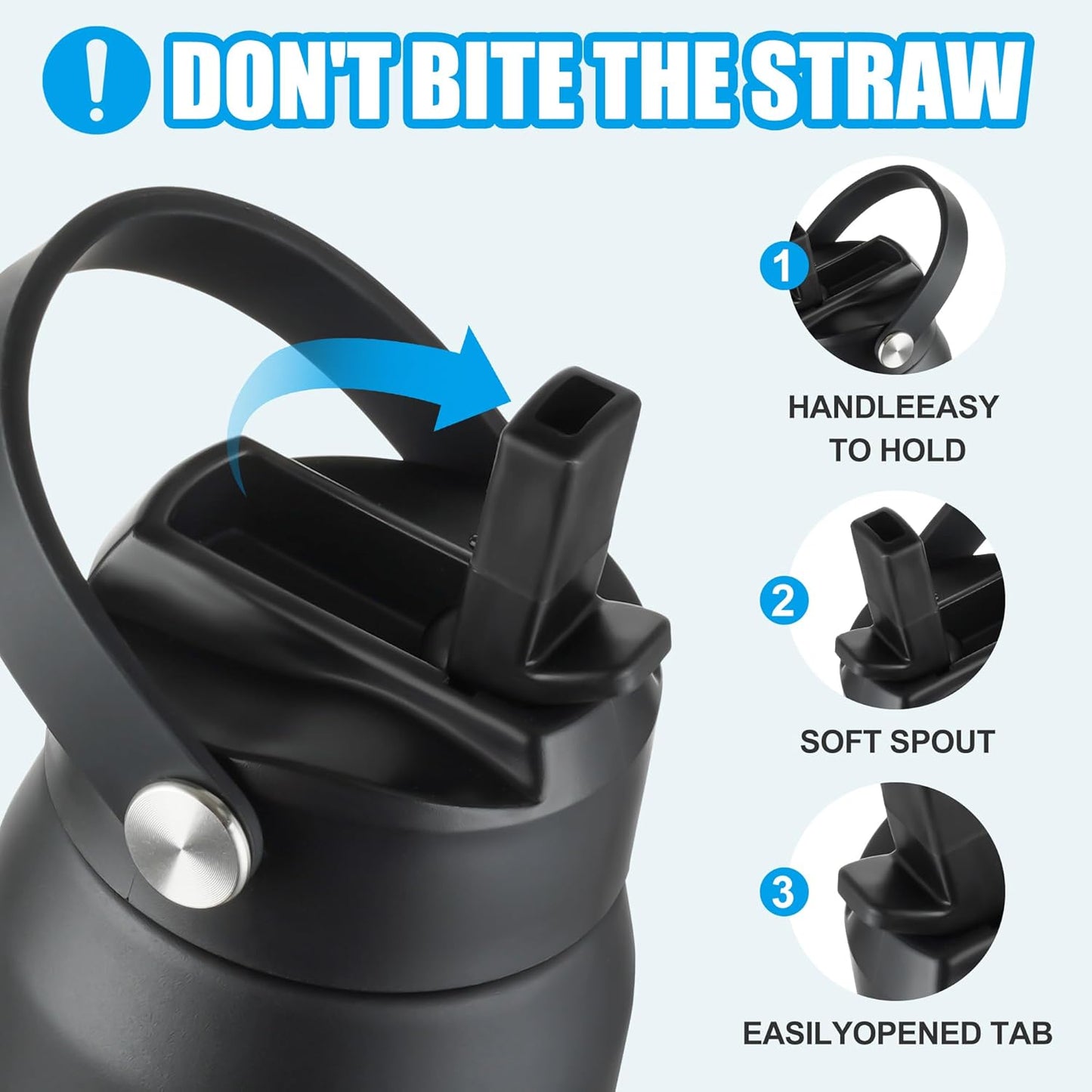 OLDLEY kids Water Bottle - 18oz Insulated Stainless Steel - Wide Straw Lid, Non Spill, Leakproof, Kids Water Bottle for School,Black Unicorn