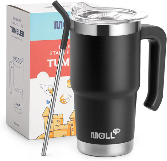 Travel Coffee Mug with Handle-16 oz Stainless Steel Vacuum Insulated Tumbler with Lid and Straw-Reusable Metal Cup with Silicone Pad, Leak Proof-BPA Free (Black)