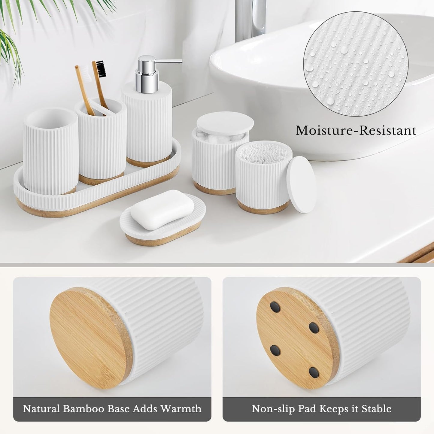 Bathroom Accessories Set, 7PCS Resin Bathroom Set with Bamboo Base, with Soap Dispenser, Q-tip Holder, Toothbrush Holder, Tumbler, Soap Dish, Vanity Tray, Complete Bathroom Set for Modern Decor,White