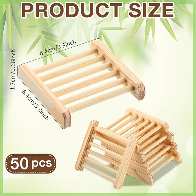 Amyhill 50 Pcs Bamboo Wood Soap Dish Bulk Bathroom Wooden Soap Holder Savers Self Draining Dishes Handcraft Tray, 3.3 x 3.3 x 0.67 Inch (Wood Color,Charcoal Color)