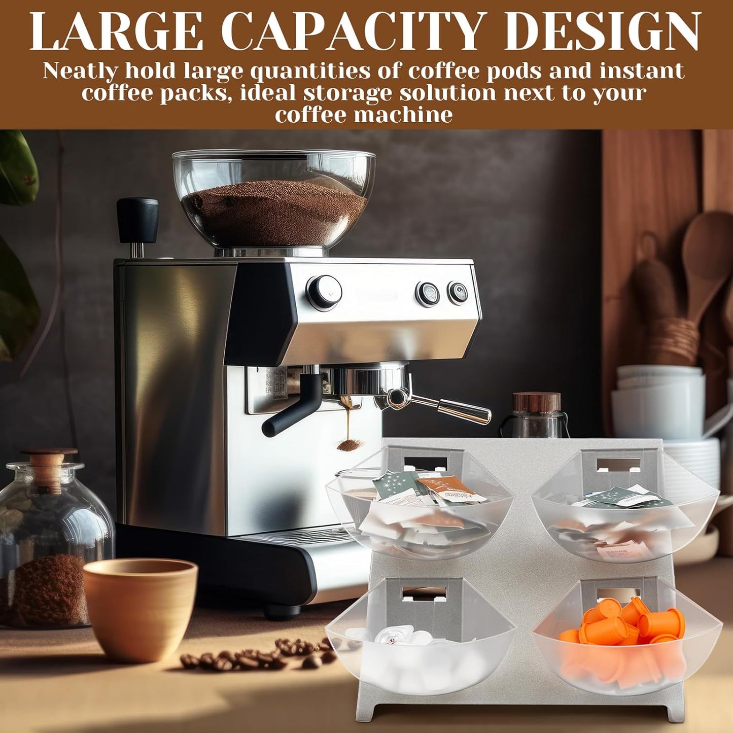 15.5 x 10 x 10.5 Inch Coffee Accessory Caddy with 4 Removable Compartments Steel Condiment Organizer Condiment Packet Sugar Holder for Bar Countertop Break Room Home Kitchen (Silver)