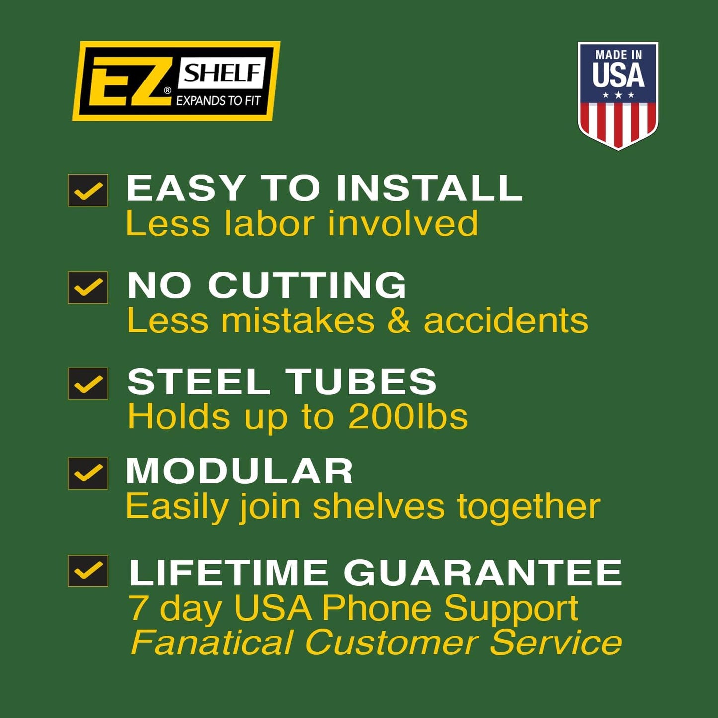 EZ Shelf - Hanging Shelf - Closet Rod - Expands 17.5-27” - White, Closet Shelves - Strong, Holds 200 lbs - DIY, Easy Install - to 2 Side Walls - Alternative to Wire Shelving