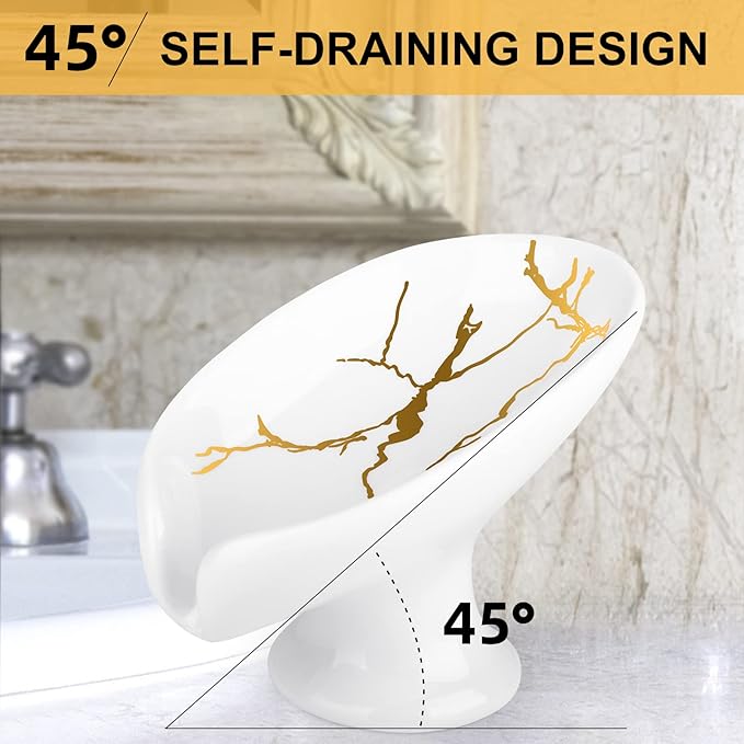 Soap Dish for Shower Ceramic Soap Holder Self Draining Leaf Shape Bar Soap Tray, Marble Pattern White Drain Soap Dish Holder for Bathroom,Easy Cleaning Keep Soap Dry