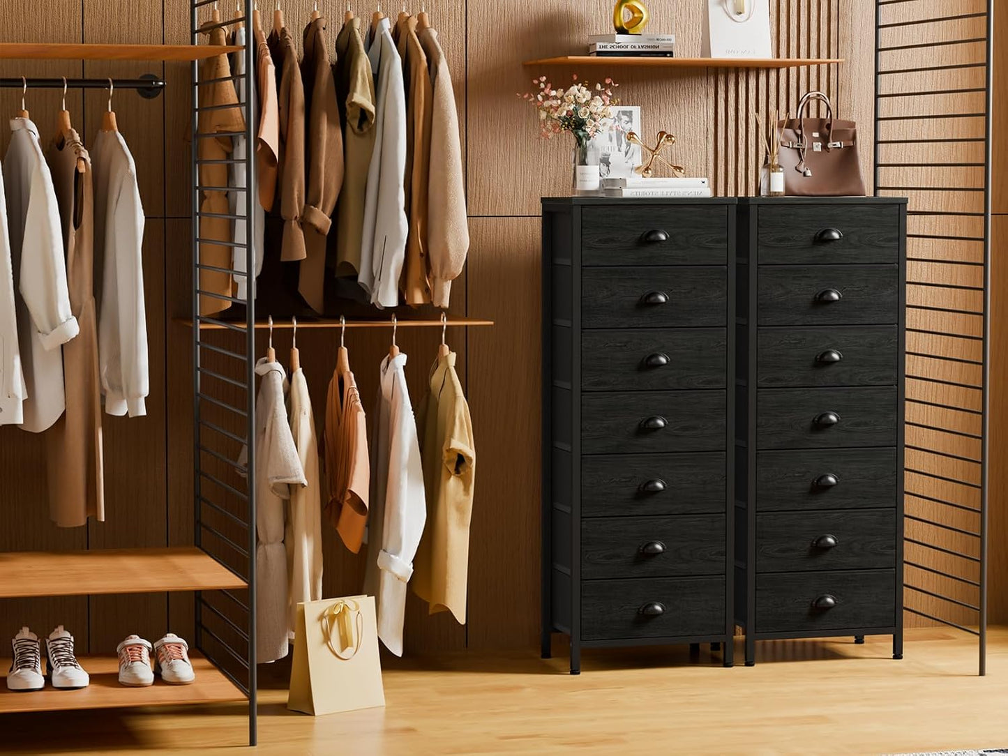 Furnulem Bedroom Dresser, Tall Chests of Drawers with 7 Fabric Bins, Black Organizer in Closet, Dorm, Living Room, Nursery, Hallyway-Storage Tower Unit, Sturdy Steel Frame